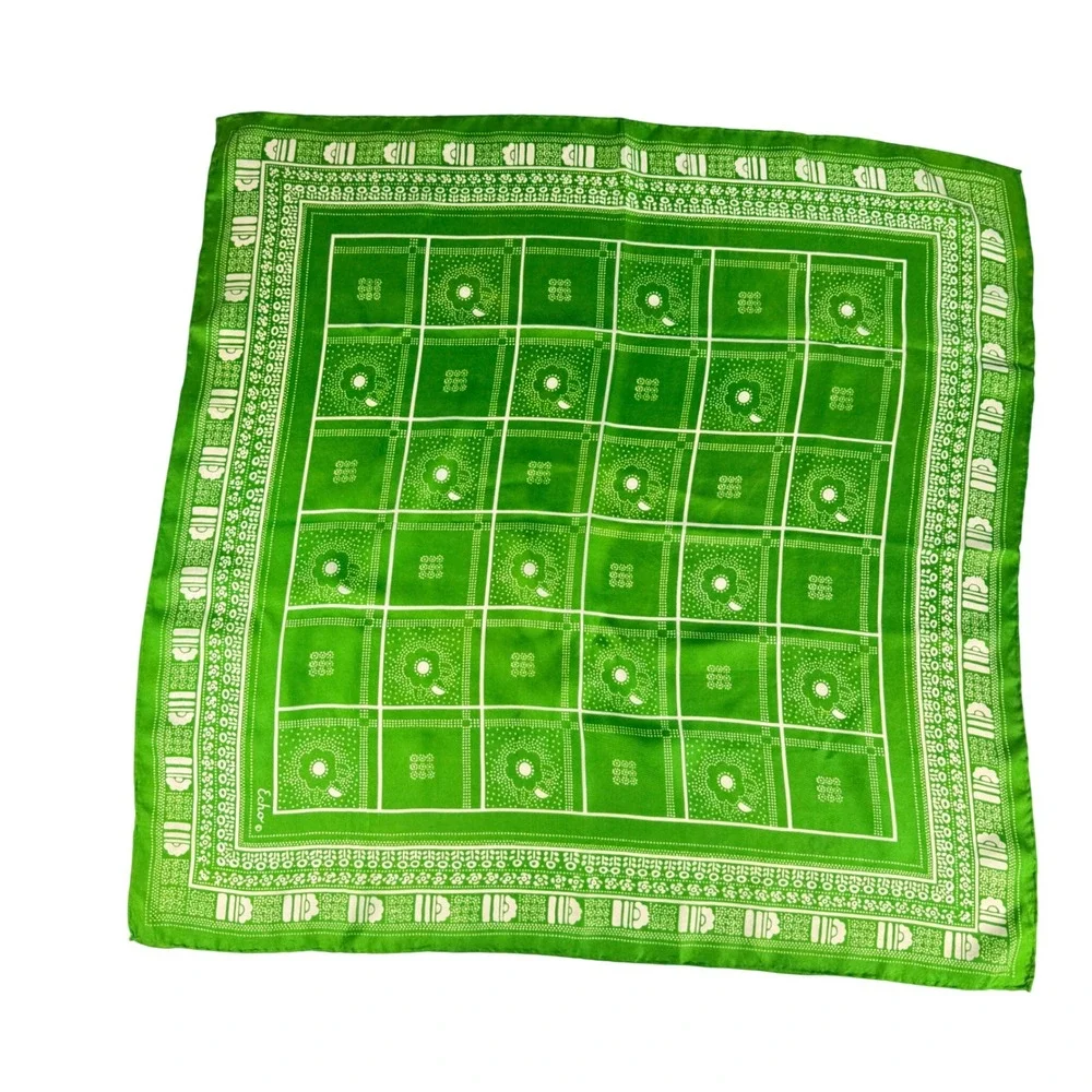 Echo Hand Rolled Green Satin Square Scarf Vintage Bandana Print Retro Mod 27'X26